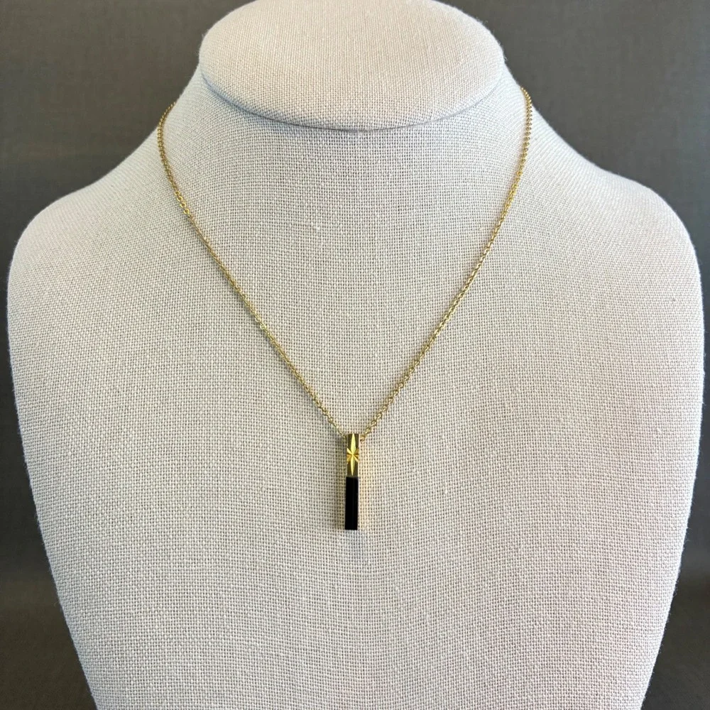 Vintage Gold Tone Necklace Black Bar Starburst Etched Pendant Mid Century Dainty